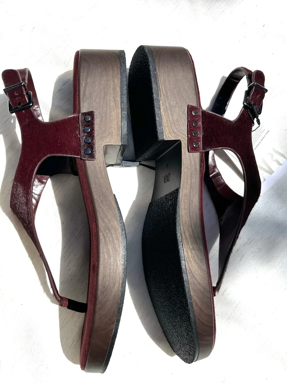 Zara Leather Strap Sandals With Rivets Burgundy Red Platform Sheep Skin Size 10 - Picture 15 of 15